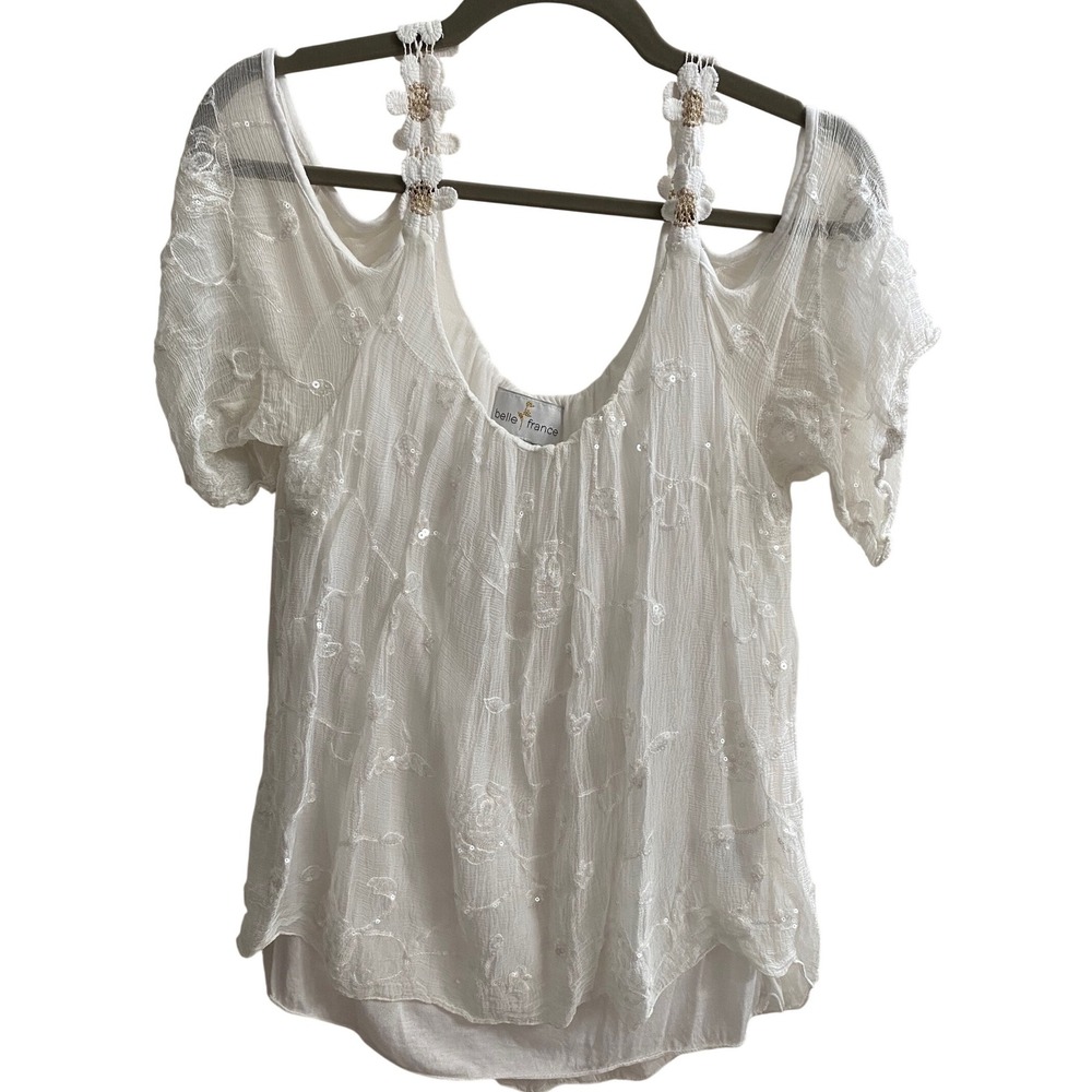 Belle France White Silk Blend Cold Shoulder Embroidered Boho Sequin Top XL Italy